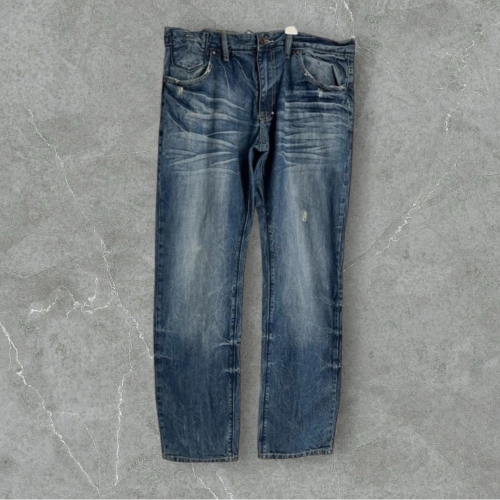 AKOO Jeans Mens 38 Blue‎ Distressed Denim Bootcut Big Pocket Cotton Pants